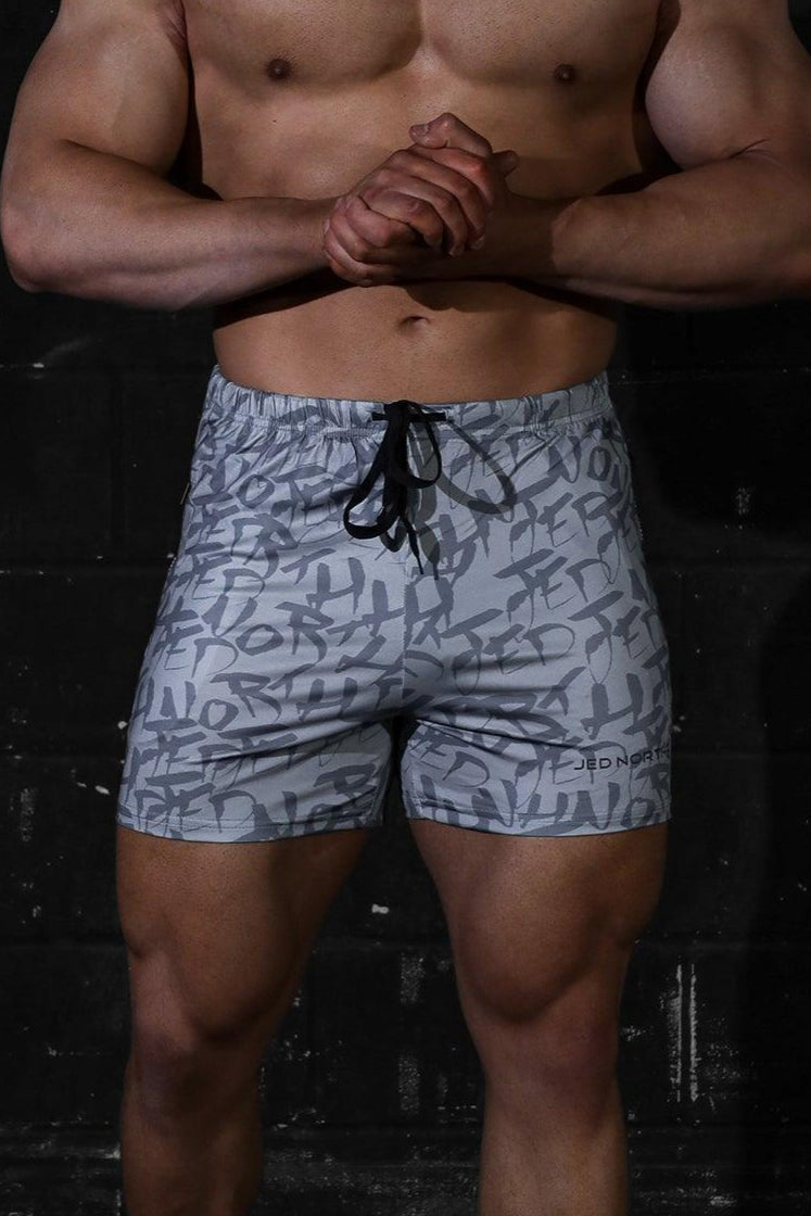 Agile Bodybuilding 4'' Shorts w Zipper Pockets - Gray Graffiti