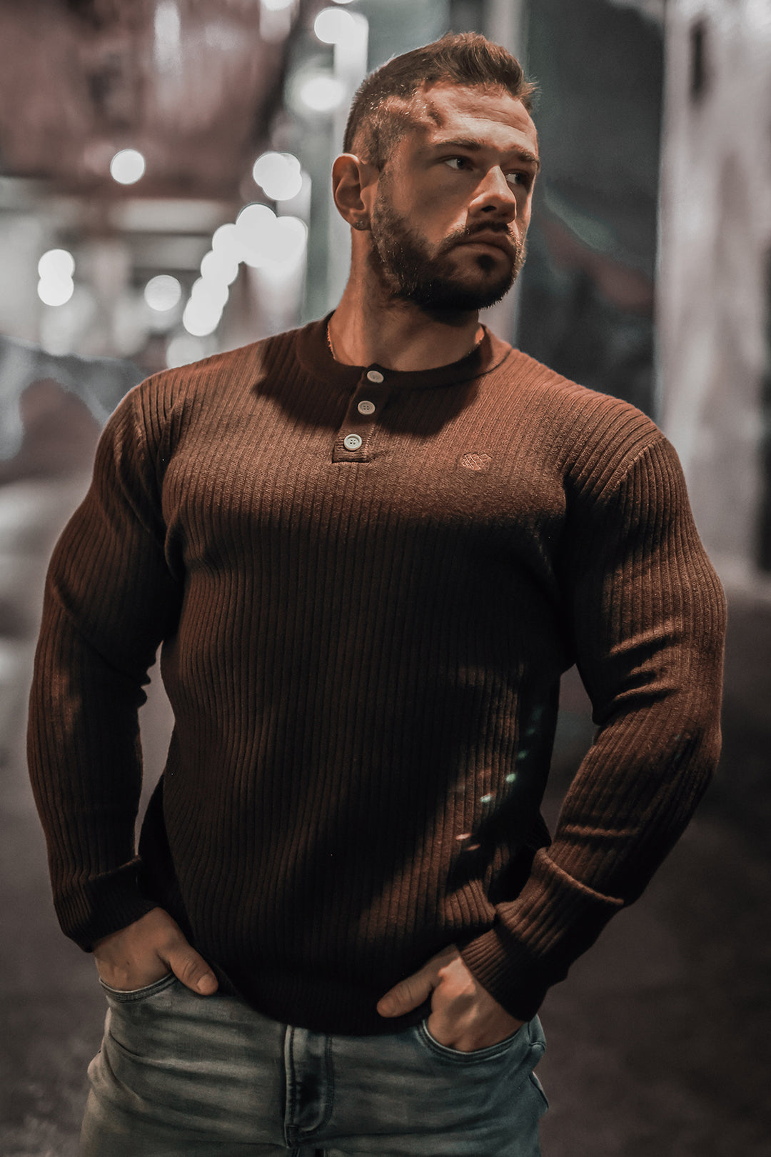 Classic Henley Sweater  - Brown