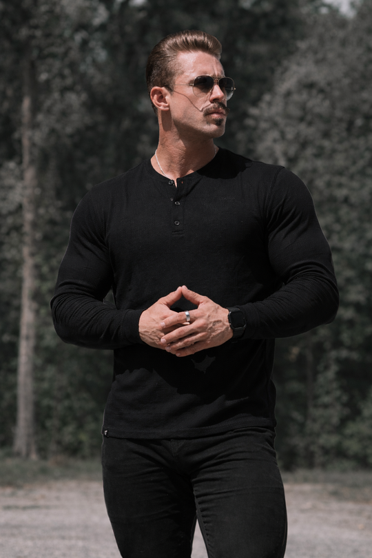 Waffle Knit Henley Long Sleeve T-Shirt - Black