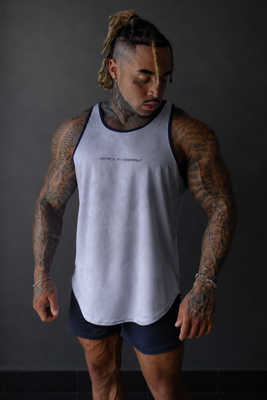 Fast-Dry Bodybuilding Workout Stringer - Dusted White w/ Navy