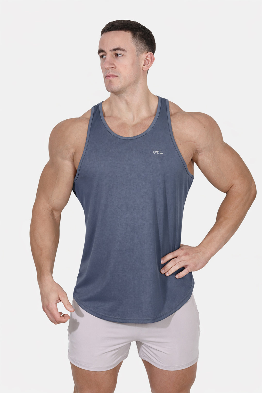 Fast-Dry Bodybuilding Workout Stringer - Gray USA Logo
