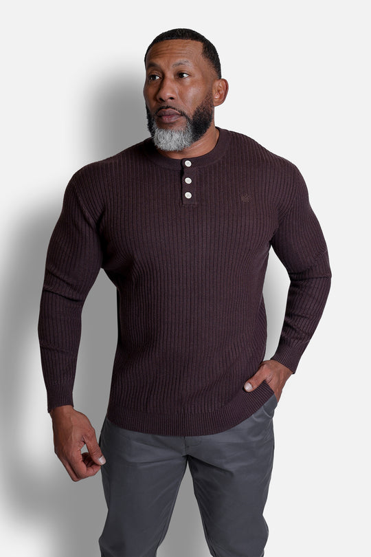 Ribbed Henley Collar Longsleeve  - Brown