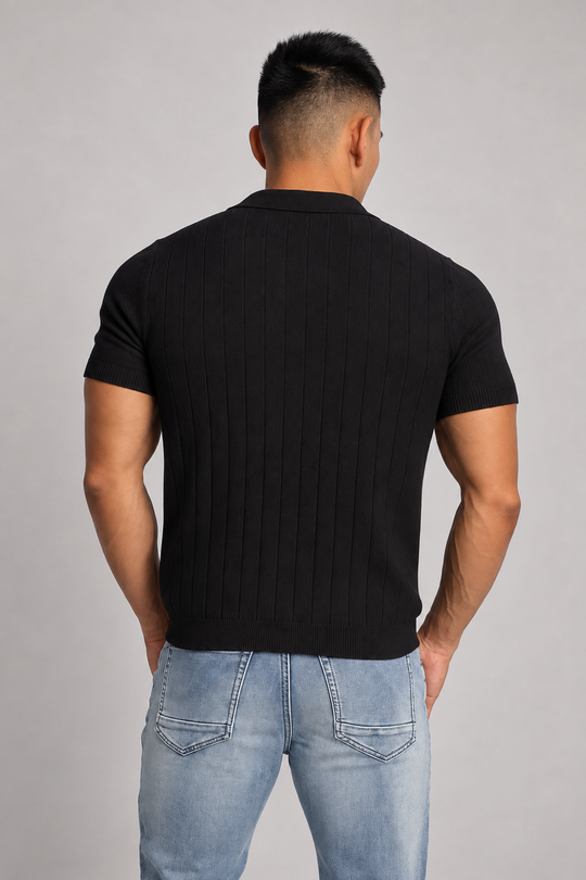 Rib Knit Collared Polo  - Onyx Black