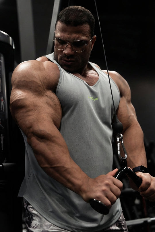 Fast-Dry Bodybuilding Workout Stringer - Light Gray w/ Neon Logo